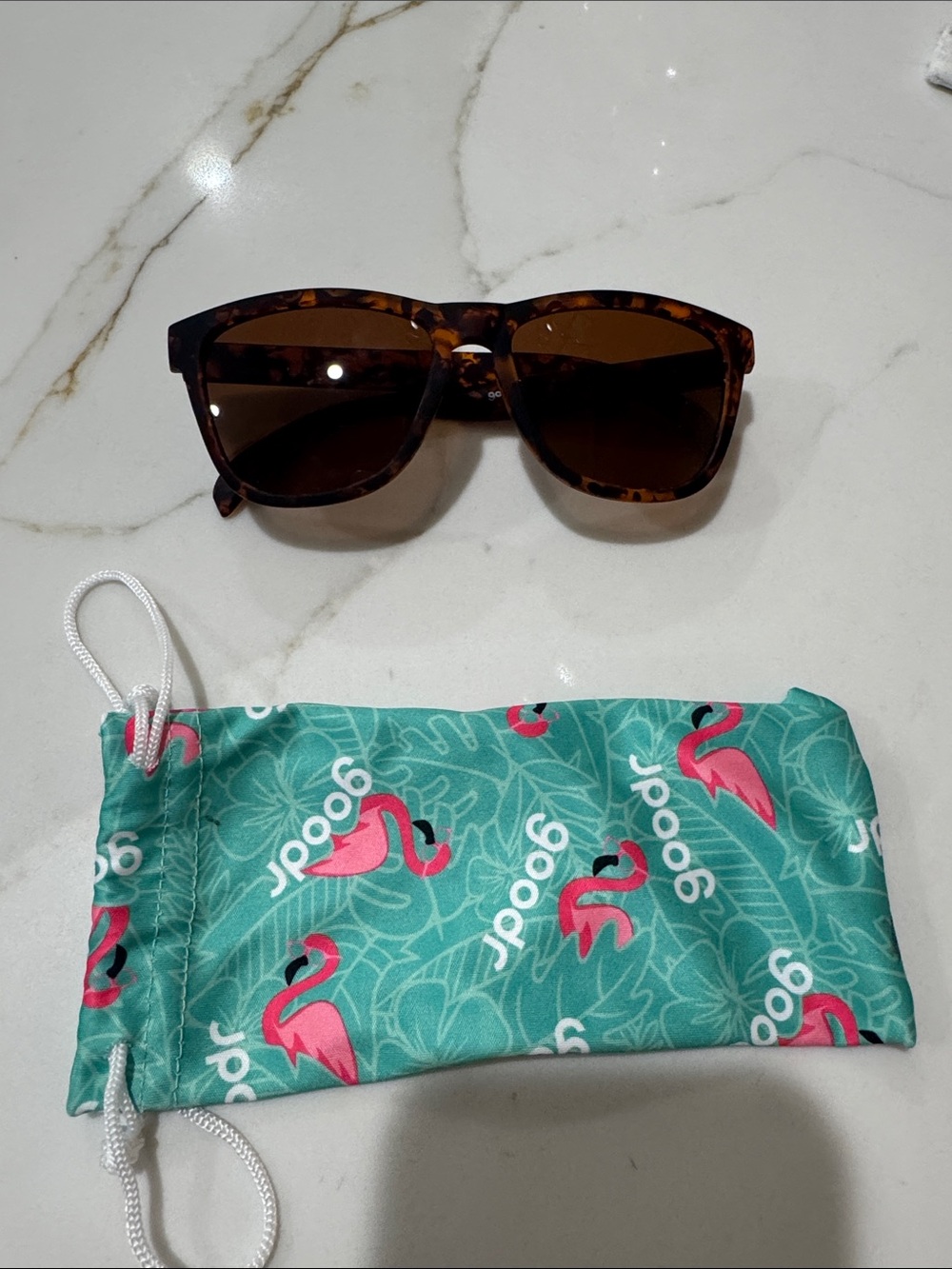 Goodr Tortoiseshell Sunglasses with Flamingo Print Pouch - brand new